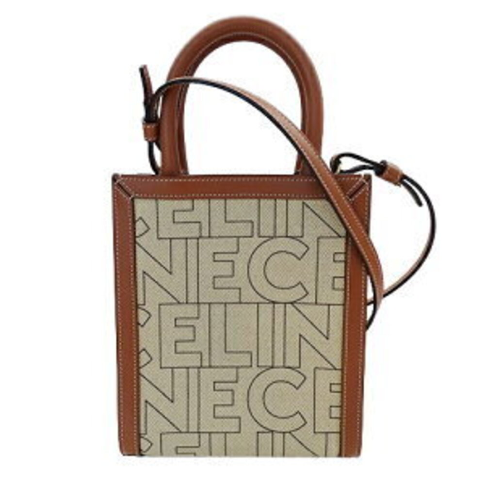 Celine Bag Handbag Shoulder Canvas Leather Vertical Cabas Beige Brown